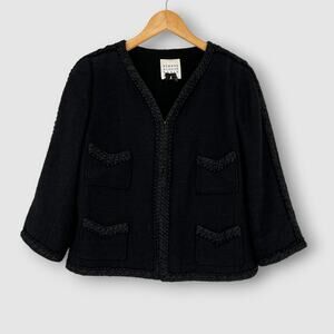 Edward Achour Paris Black Tweed Cropped Parisian Blazer Size 46